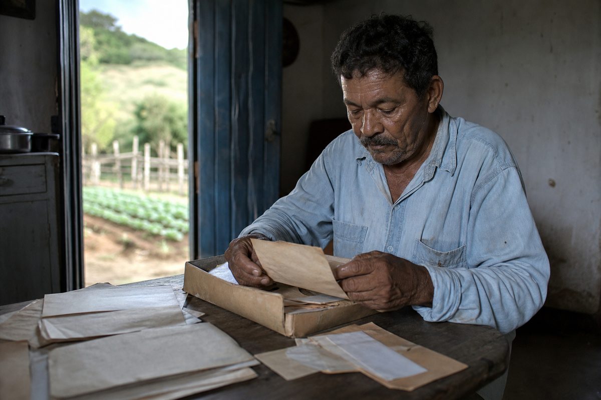 Trabalhador rural procura documentos antigos em uma caixa de sapato.