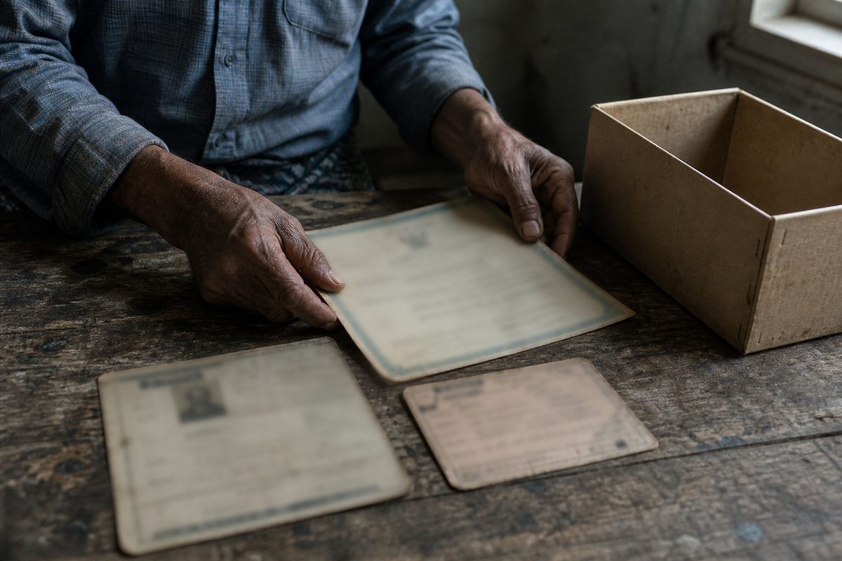 Mãos organizam documentos antigos da família sobre uma mesa de madeira.