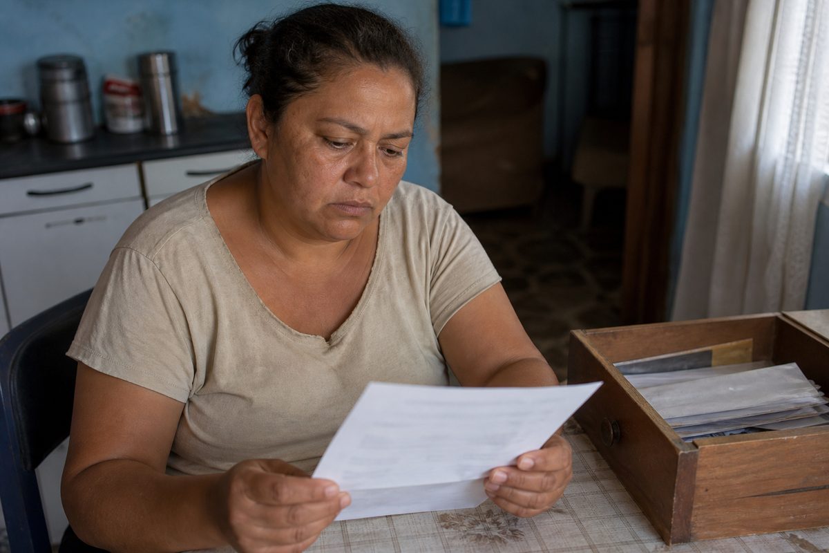 Mulher preocupada lê carta de negativa do INSS junto a uma gaveta aberta.