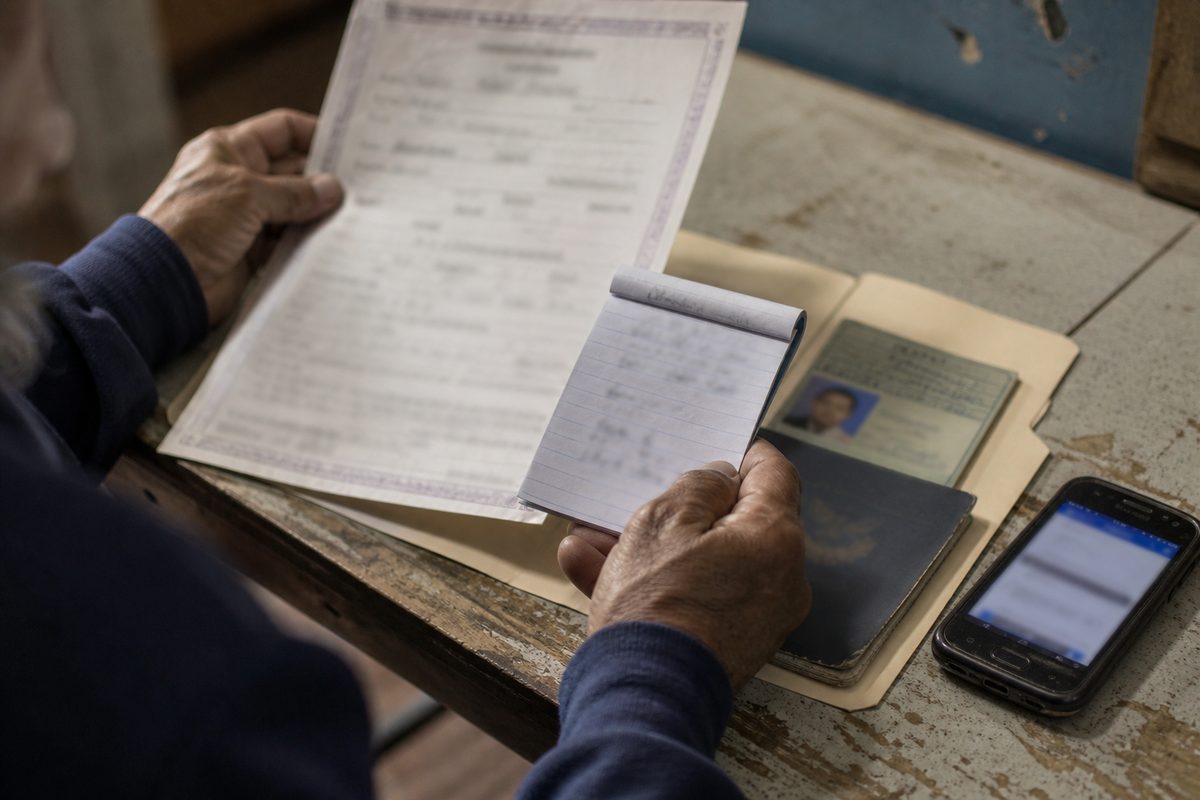 Mãos conferem a certidão e calculam o prazo de cinco anos para o pedido.