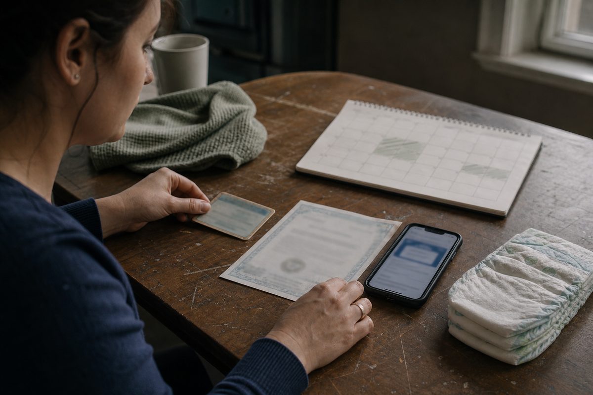 Mãos organizam carteira de trabalho, certidão desfocada e celular ao lado de fraldas e calendário.
